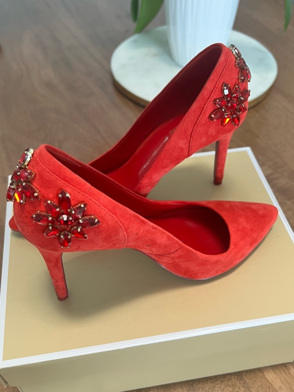 MICHAEL Michael Kors Red Suede Pointed Toe Pumps with Jeweled Back - Picture 3 of 7